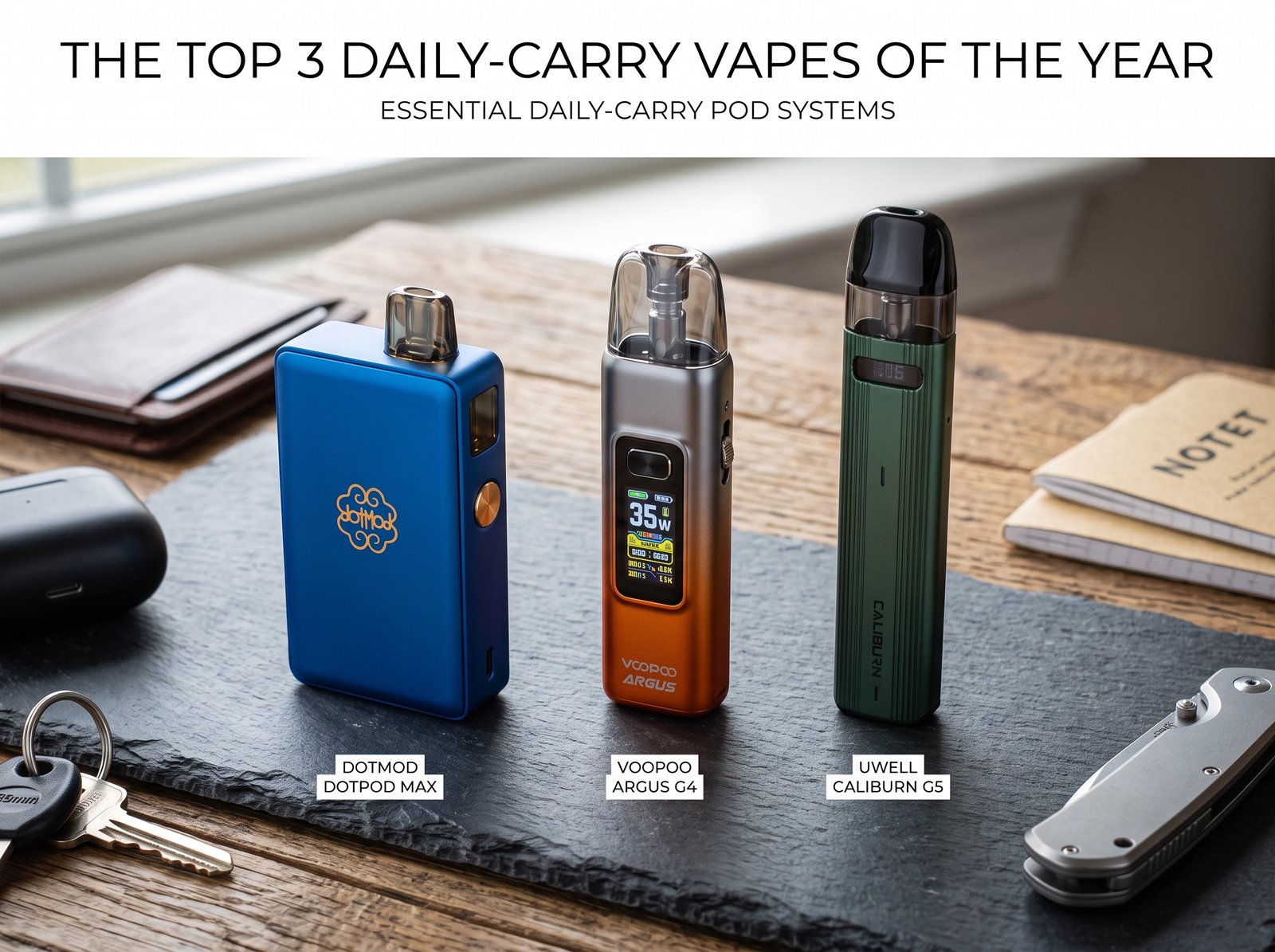 The Top 3 Daily-Carry Vapes of the Year: dotmod dotPod Max, VOOPOO Argus G4, and Uwell Caliburn G5